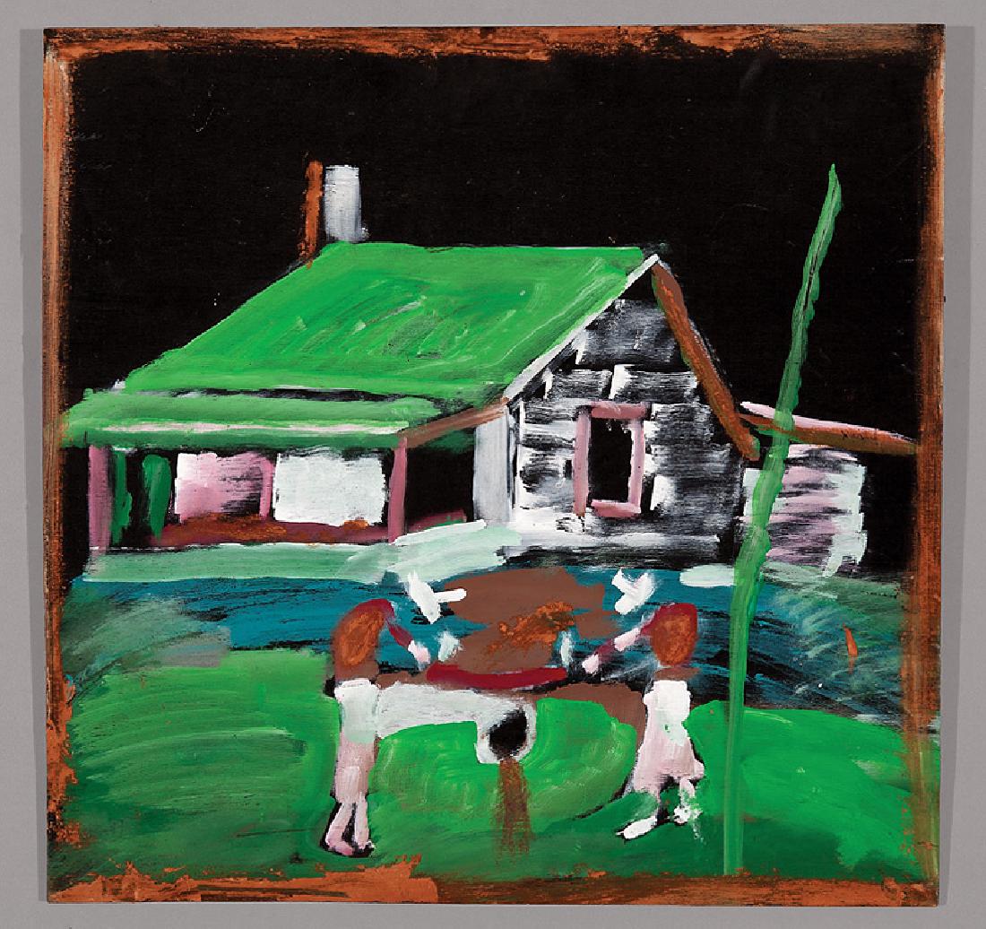 Jimmie Lee Sudduth (American/Alabama, 1910-2007): Jimmie Lee Sudduth (American/Alabama, 1910-2007), "The Cabin", mixed media on wood, pencil-signed upper left, 23 1/2 in. x 24 1/2 in., unframed