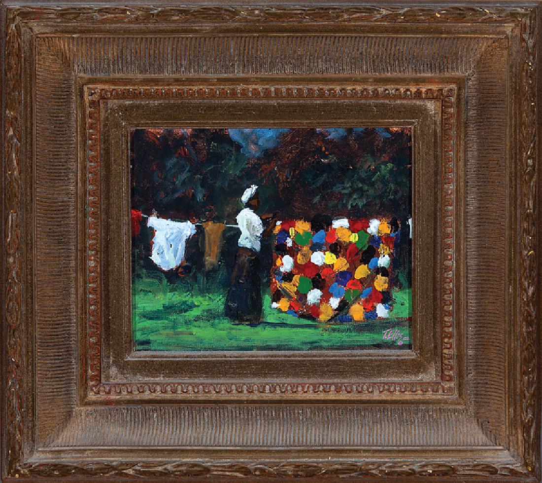 Ted Ellis (American/Louisiana, b. 1963): Ted Ellis (American/Louisiana, b. 1963), "Quilt Drying on the Line: Wash Day", 2002, oil on canvas board, signed and dated lower right and en verso, sight 7 1/2 in. x 9 1/4 in., framed