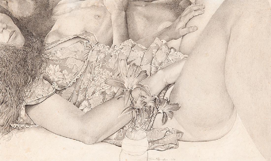 Tim O'Kane (American/Virginia, b. 1950): Tim O'Kane (American/Virginia, b. 1950), "The Lovers", 1980, graphite on paper, signed and dated lower center, 12 3/4 in. x 21 3/4 in., framed
