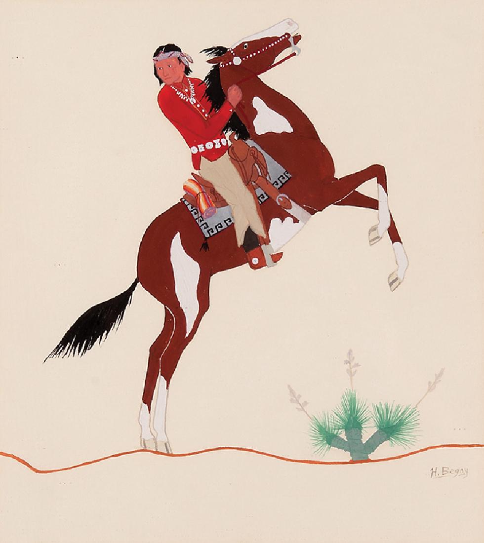 Harrison (Haskay Yahne Yah) Begay(American Indian): Harrison (Haskay Yahne Yah) Begay (American Indian/New Mexico, 1917-2012), "Navajo on Horseback", gouache on paper, signed lower right, artist identified, titled, "The Studio, U.S. Indian School, Sant