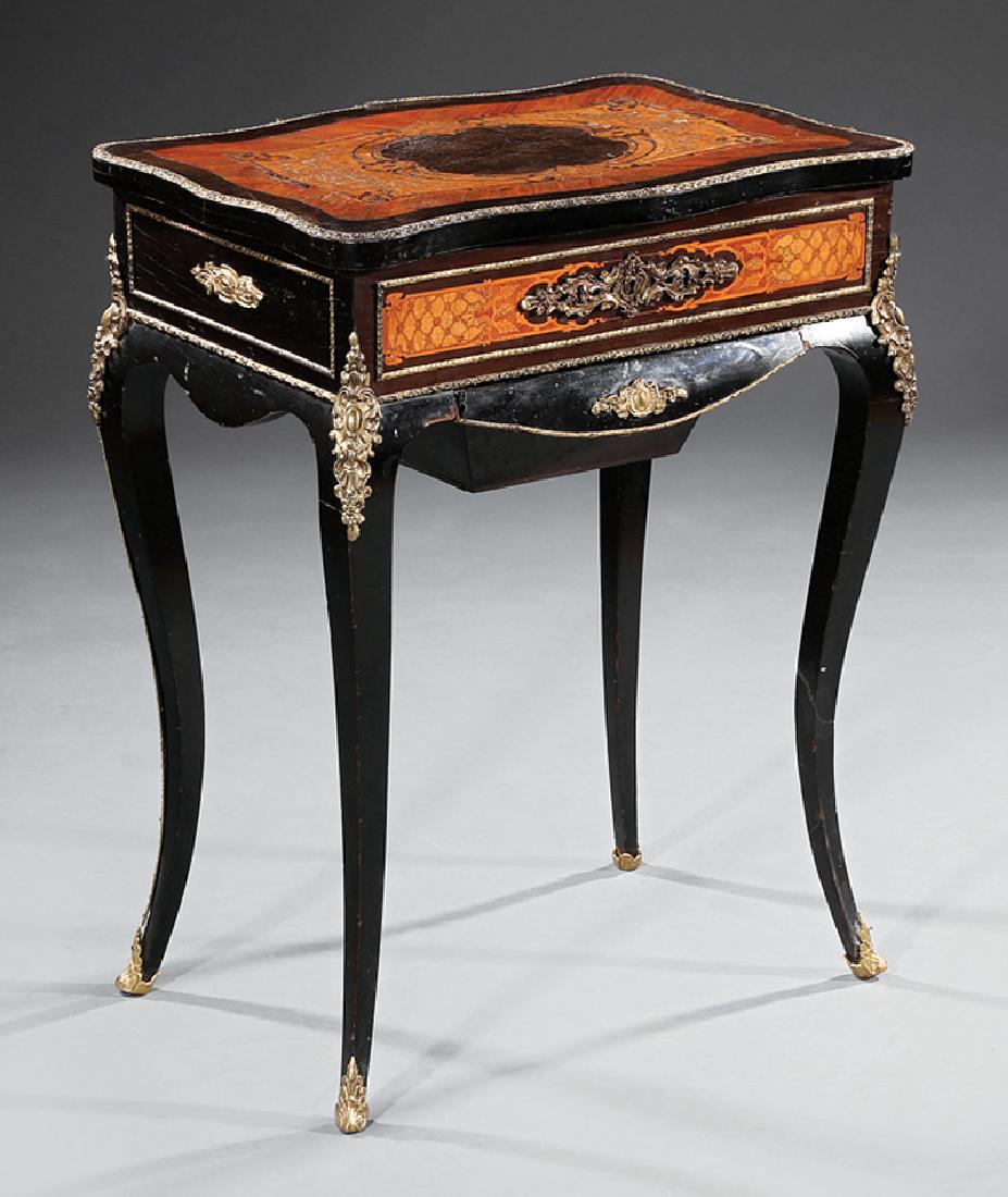 Ebonized, Bronze-Mounted Rosewood Work Table: Louis XV-Style Marquetry, Ebonized and Bronze-Mounted Rosewood Work Table, probably late 19th c., lift-top, fitted interior, shaped drawer below, cabriole legs, h. 28 1/4 in., w. 22 in., d. 15 1/4 in.