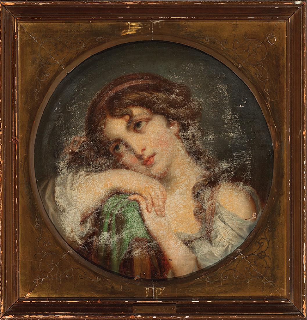 After Jean-Baptiste Greuze (French, 1725-1805): After Jean-Baptiste Greuze (French, 1725-1805), "Maiden in Repose", oil on canvas, unsigned, "Richards Nichols, Pictures and Framing, Boston" label en verso, 18 1/4 in. x 18 1/4 in., framed with brass