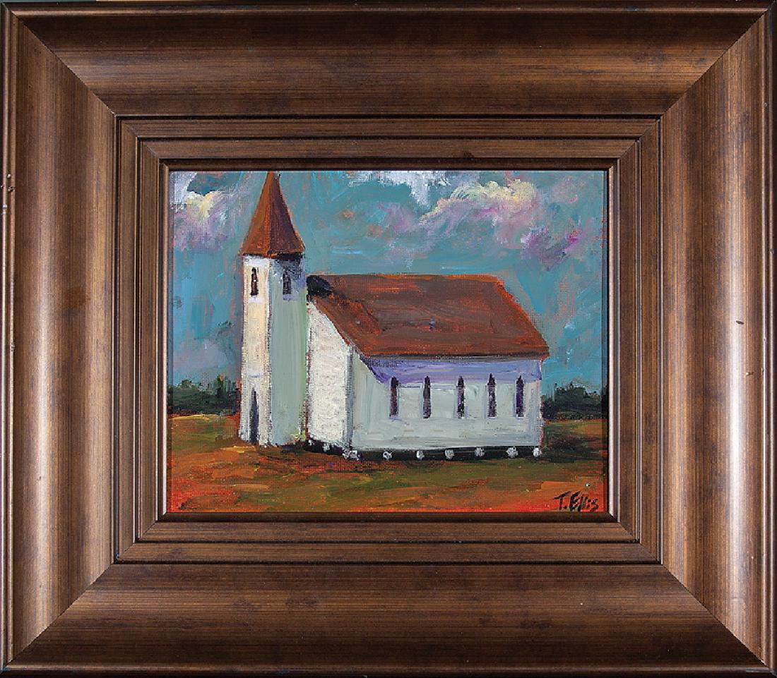 Ted Ellis (American/New Orleans, b. 1963): Ted Ellis (American/New Orleans, b. 1963), "Our Little House of Worship", oil on canvas board, signed lower right, printed artist biography en verso, 8 in. x 10 in., framed