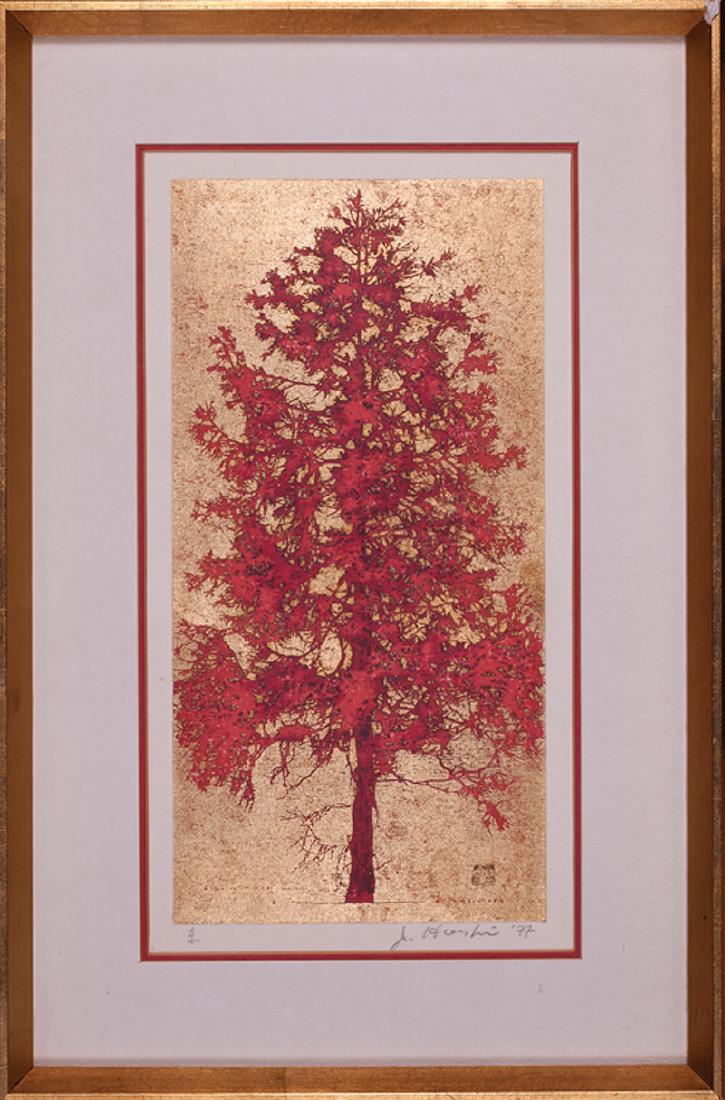 Joichi Hoshi (Japanese, 1913-1979): Joichi Hoshi (Japanese, 1913-1979), "Autumn Tree", 1977, woodblock print, pencil-signed, dated and inscribed lower margin, image 9 5/8 in. x 4 3/4 in., mated and framed