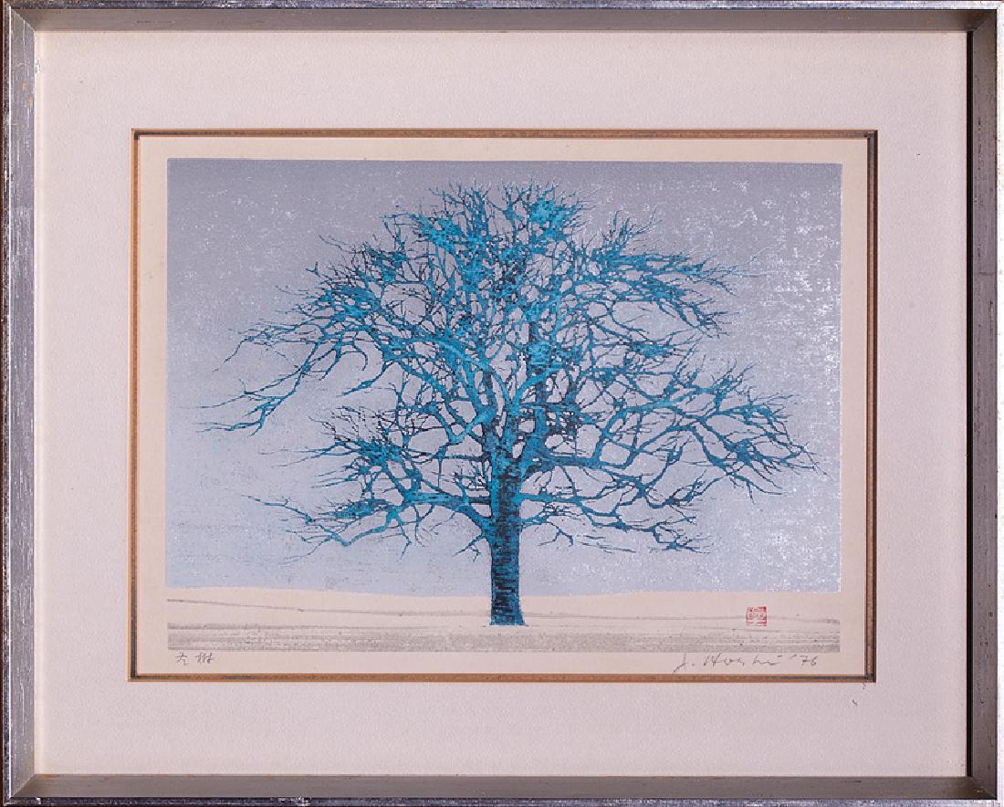 Joichi Hoshi (Japanese, 1913-1979): Joichi Hoshi (Japanese, 1913-1979), "Tree", 1976, woodblock print, pencil-signed, dated, and inscribed lower margin, image 7 1/2 in. x 9 5/8 in., matted and framed