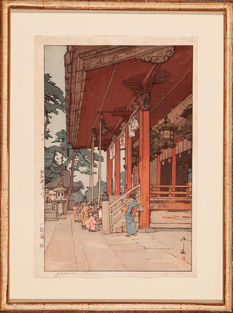 Hiroshi Yoshida (Japanese, 1876-1950): Hiroshi Yoshida (Japanese, 1876-1950), "The Cherry Trees in Kawagoe" and "Yashaka Shrine", 2 woodblock prints, each pencil-signed and titled lower margin, "Taylor Clark/Baton Rouge" labels on backing,