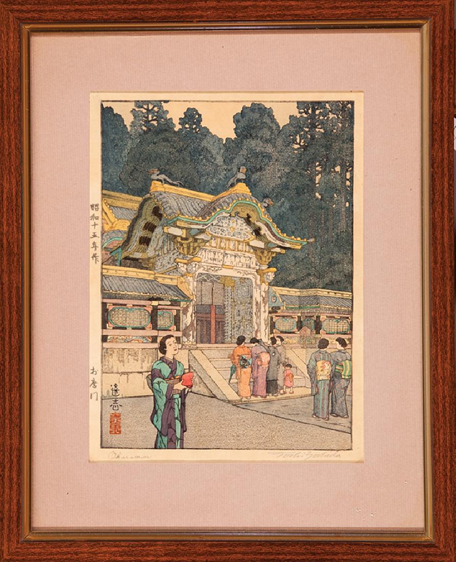 Toshi Yoshida (Japanese, 1911-1995): Toshi Yoshida (Japanese, 1911-1995), "Hie Shrine", "Okaramon" and "Pagoda in Kyoto", 3 woodblock prints, each pencil-signed and titled lower margin, image 9 1/4 in. x 6 5/8 in., matted and framed diff