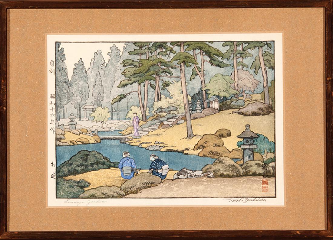 Toshi Yoshida (Japanese, 1911-1995): Toshi Yoshida (Japanese, 1911-1995), "Half Moon Bridge", "Linnoji Garden", and "Stone Lanterns", 3 woodblock prints, each pencil-signed and titled lower margin, "Kanda's Gallery" Tokyo labels on backi