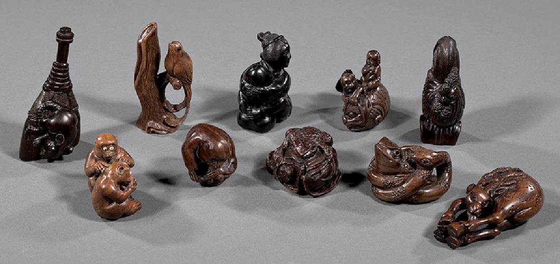 Nine Japanese Carved Wood Netsuke and One Okimono: Nine Japanese Carved Wood Netsuke and One Okimono, incl. horse, two frogs, snake and frog, rat on broom, bird on branch, woman, chicken, boys on fish, monkey, and monkey group, 8 with signature cartou