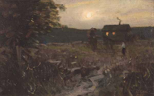 Gilbert Gaul (American/Tennessee, 1855-1919): Gilbert Gaul (American/Tennessee, 1855-1919) , "Tennessee Evening: Cabin with Figures", oil on canvas, signed lower right, 12 in. x 18 in. Provenance: Private Collection, Baltimore, Maryland * NO RETU