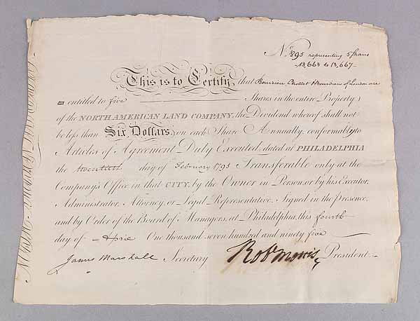 [Robert Morris DS]: [Robert Morris DS] , a stock certificate for five shares in the North American Land Company for Bourdieu, Chollet of London, dated Feb. 20, 1795, Philadelphia, signed by "Robt. Morris", as president o