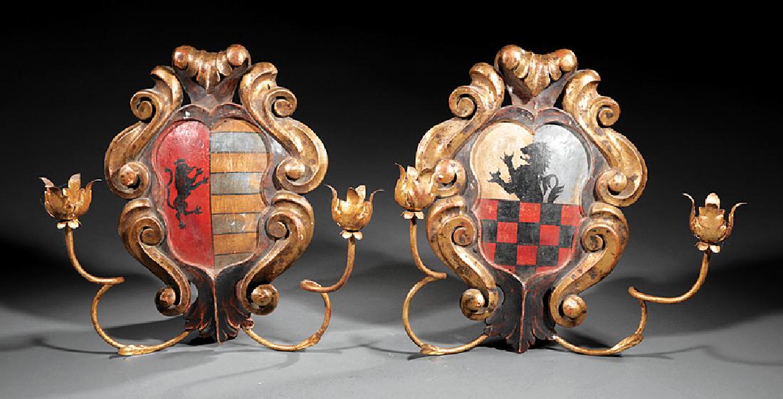 French Giltwood and Polychromed Two-Light Sconces: Pair of French Giltwood and Polychromed Two-Light Sconces, early 20th c., shield-form back plate with coat-of-arms, h. 18 in., w. 17 1/2 in., d. 8 in