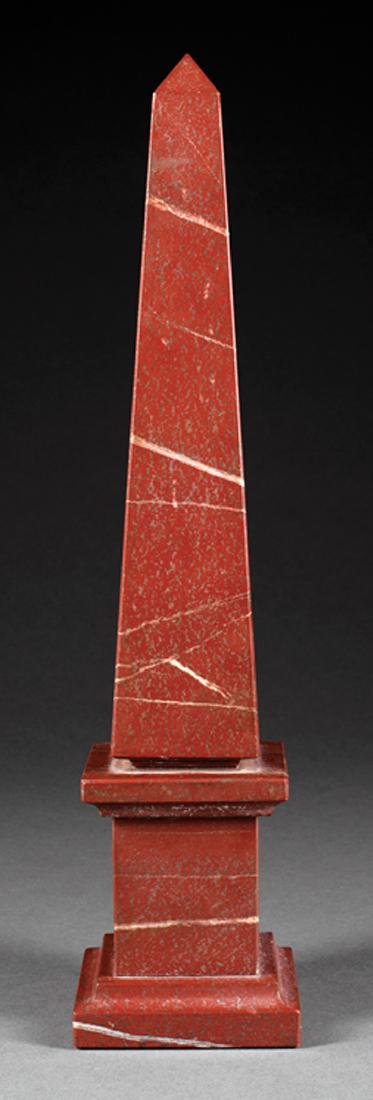 Continental Rouge Marble Obelisk: Continental Rouge Marble Obelisk, early 20th c., of typical form, h. 16 1/2 in., w. 3 3/4 in., d. 3 3/4 in. Provenance: The Sturm Collection