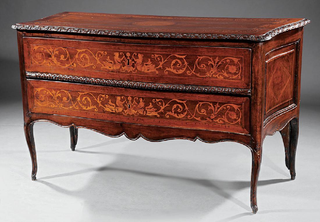 Italian Carved and Inlaid Walnut Commode: Italian Carved and Inlaid Walnut Commode, probably late 18th c., serpentine top with floral carved edge, two conforming drawers, molded inset side panels, shaped skirt, cabriole legs, h. 31 3/4 in., w