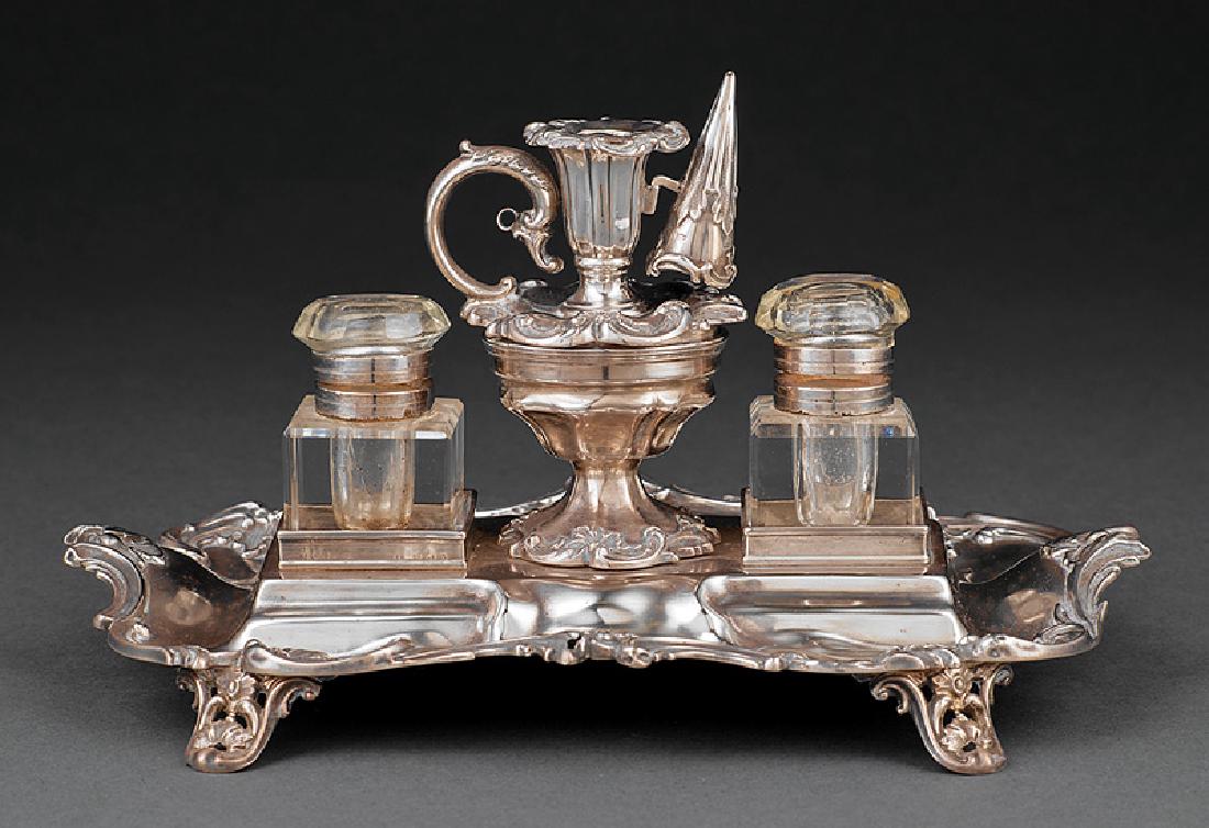 Henry Wilkinson Sterling Silver Standish: Victorian Sterling Silver Standish, Henry Wilkinson & Co., Sheffield, 1845, mark reg. 1831, scroll decorated stand fitted with pounce pot, taper stick with removable bobeche and snuffer, and 2 associa