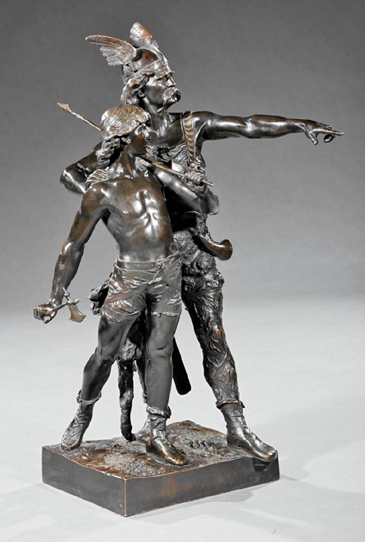 Bronze Figural a Gaul Warrior and Young: Bronze Figural Group of a Gaul Warrior and Young Man, after "Pro Patria" by Emile Laporte (1858-1907), signature and "84" inscribed on self base, dedication "à Monsieur Henri Saint/Hommage du Personn