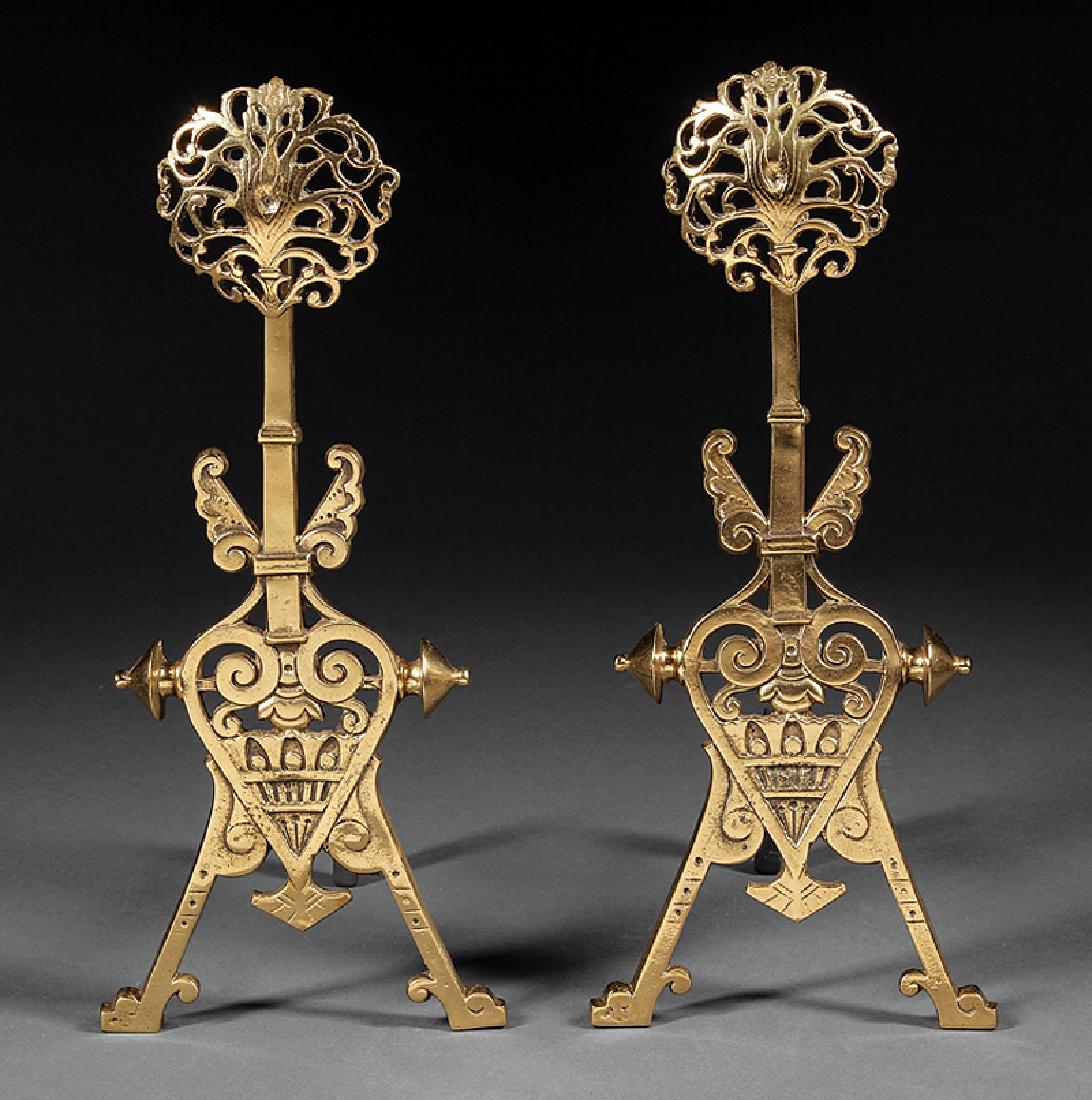 American Aesthetic Movement Brass Andirons: Pair of American Aesthetic Movement Brass Andirons, late 19th c., pierced blossom design centered by stylized scrollwork on splayed legs, h. 19 in., w. 8 1/4 in., d. 10 in