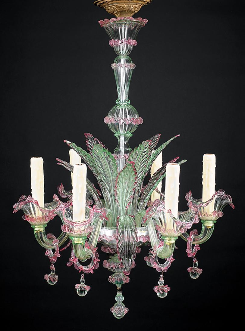 Diminutive Murano Glass Six-Light Chandelier: Diminutive Murano Glass Six-Light Chandelier, early 20th c., pale green and lavender, vasiform standard, bowl issuing leaves and foliate arms, electrified, h. 29 in., dia. 21 in