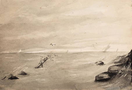 Ellsworth Woodward (American/New Orleans, 1861): Ellsworth Woodward (American/New Orleans, 1861-1939), "Seascape", gouache on paper, initialed "E.W." lower right, 7 in. x 9 3/4 in., unframed. Provenance: Descended in the family of the artist