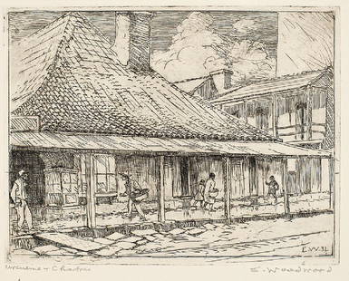 Ellsworth Woodward (American/New Orleans, 1861): Ellsworth Woodward (American/New Orleans, 1861-1939), "Ursuline and Chartres (Corner Ursuline, 1040 Chartres, Boyer 16)", 1931, etching on paper, pencil-signed and titled lower margin, initialed "E.W.