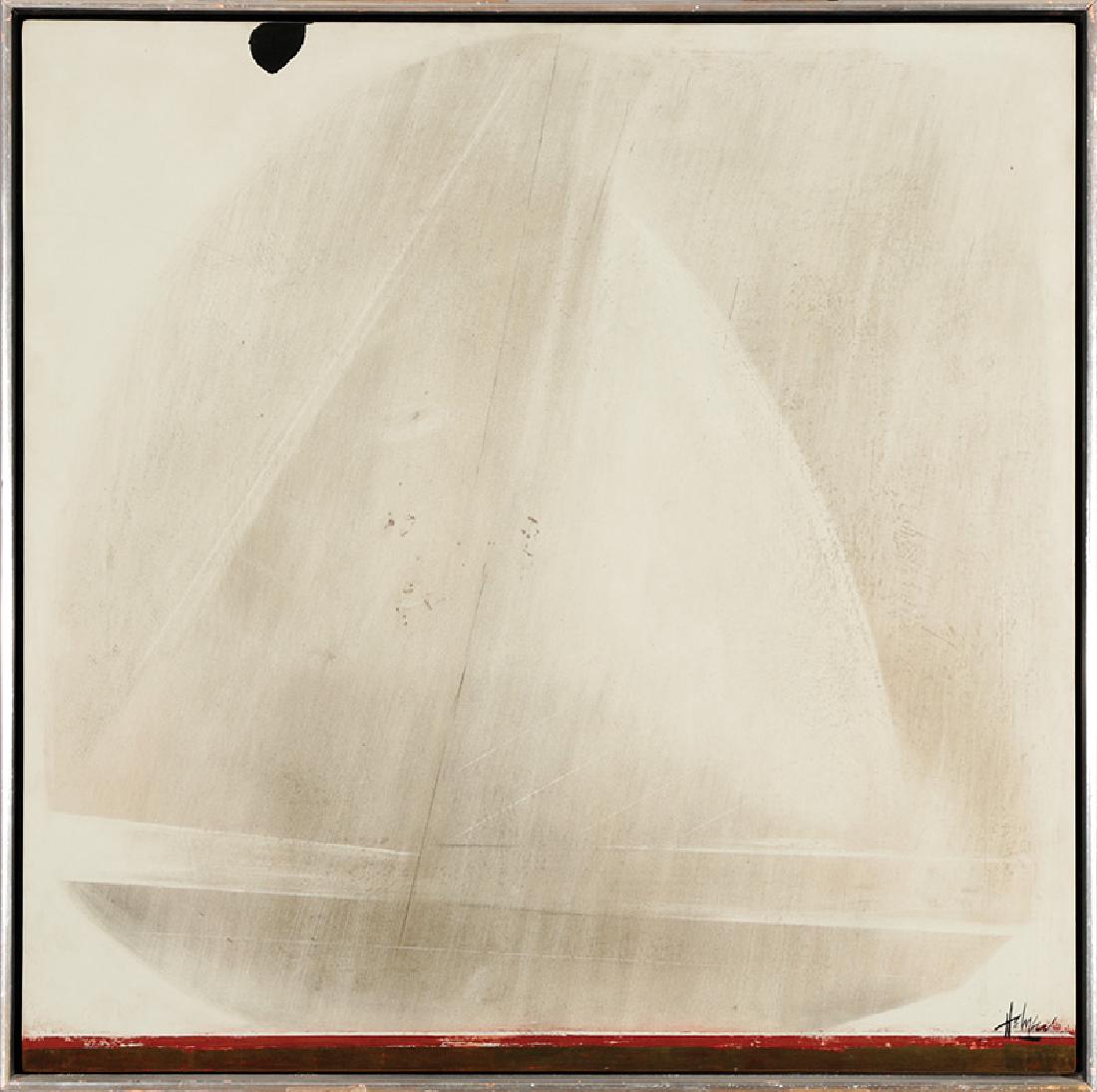 Robert Helmer (American/New Orleans, 1922-1990): Robert Helmer (American/New Orleans, 1922-1990), "Sailboat", oil and mixed media on board, signed lower right, 28 in. x 28 in., period frame. Provenance: Collection of Michael Brown and Linda Green, N