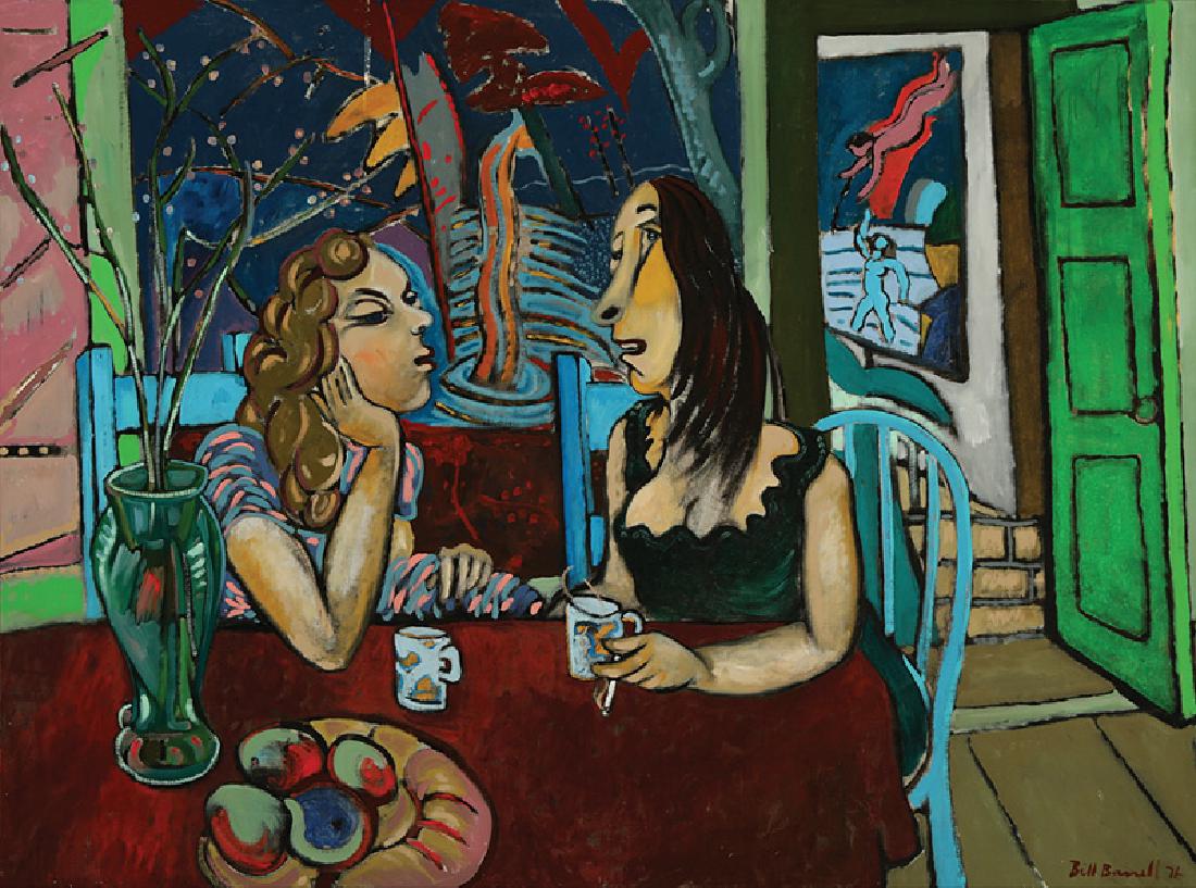 Bill Barrell (British/American, b. 1932): Bill Barrell (British/American, b. 1932, act. Baton Rouge, 1982), "Coffee Klatch", 1976, oil on canvas, signed and dated lower right, 57 in. x 75 3/4 in., period frame. Provenance: Collection of Micha