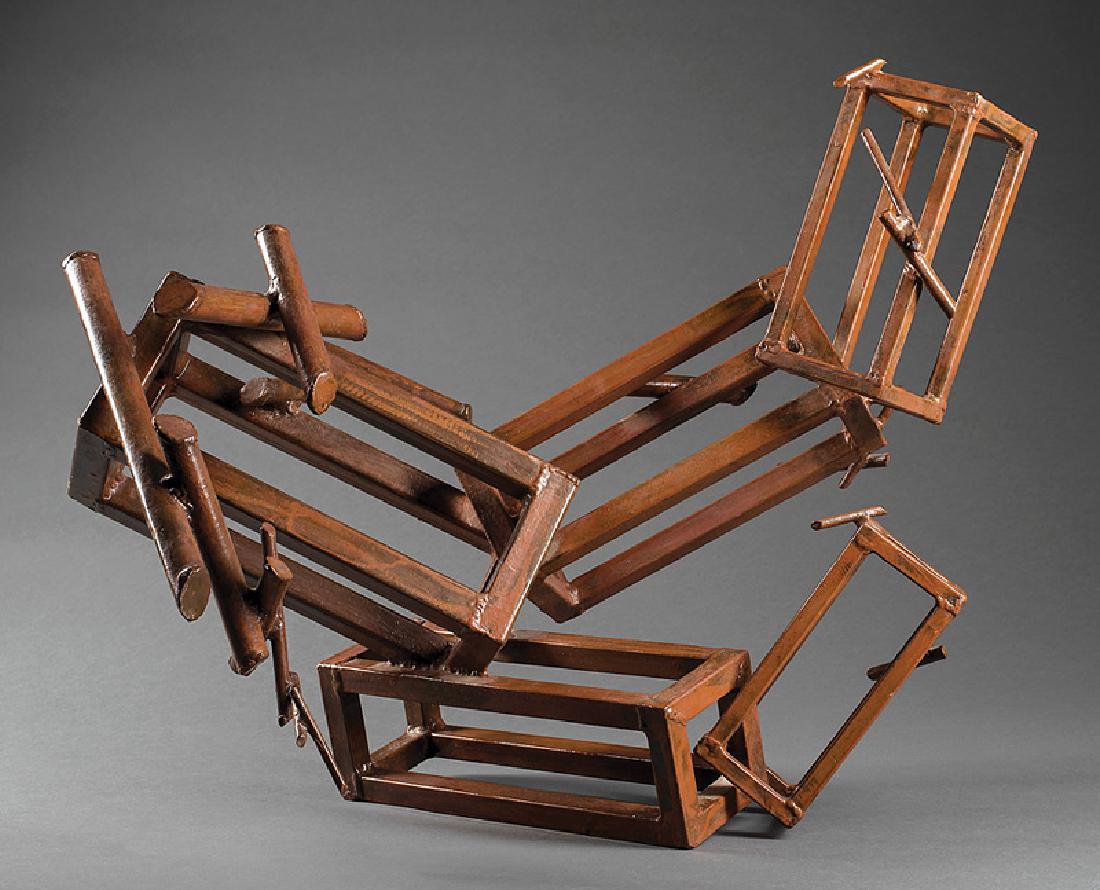 Gina Laguna (American/New Orleans, 20th c.): Gina Laguna (American/New Orleans, 20th c.), "Interlocking Rectangles", welded steel, unsigned, h. 20 in., w. 25 in., d. 6 in. Provenance: Collection of Michael Brown and Linda Green, New Orleans