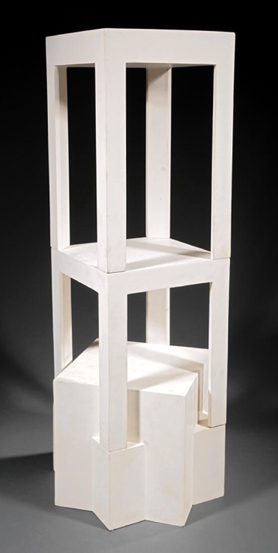 Scott de Montluzin (American/New Orleans, 20th c): Scott de Montluzin (American/New Orleans, 20th c.), "Suspended White Cubes", painted wood, signed, h. 51 in., w. 14 in., d 14 in. Provenance: Collection of Michael Brown and Linda Green, New Orleans