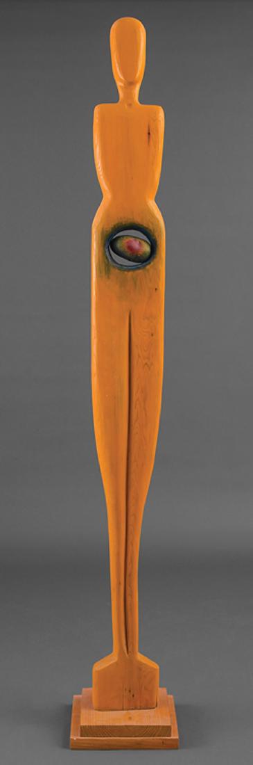 Babette Beaullieu (American/Louisiana, 20th c.): Babette Beaullieu (American/Louisiana, 20th c.), "La Femme", carved and stained wood with painted rock, unsigned, h. 83 in., w. 9 in., d. 3 in. Provenance: Collection of Michael Brown and Linda Green,