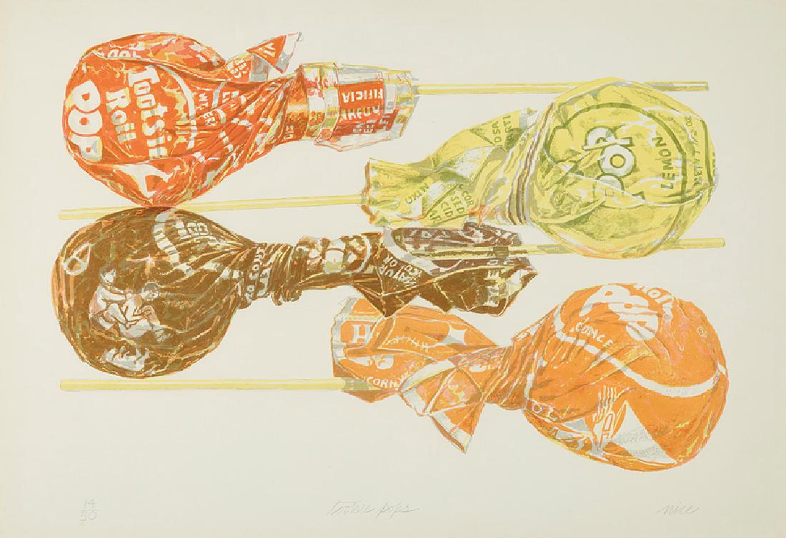 Don Nice (American, b. 1932): Don Nice (American, b. 1932), "Tootsie Pops", 1974, color lithograph on paper, pencil-signed, titled and numbered "14/50" lower margin, 22 1/2 in. x 34 in., framed