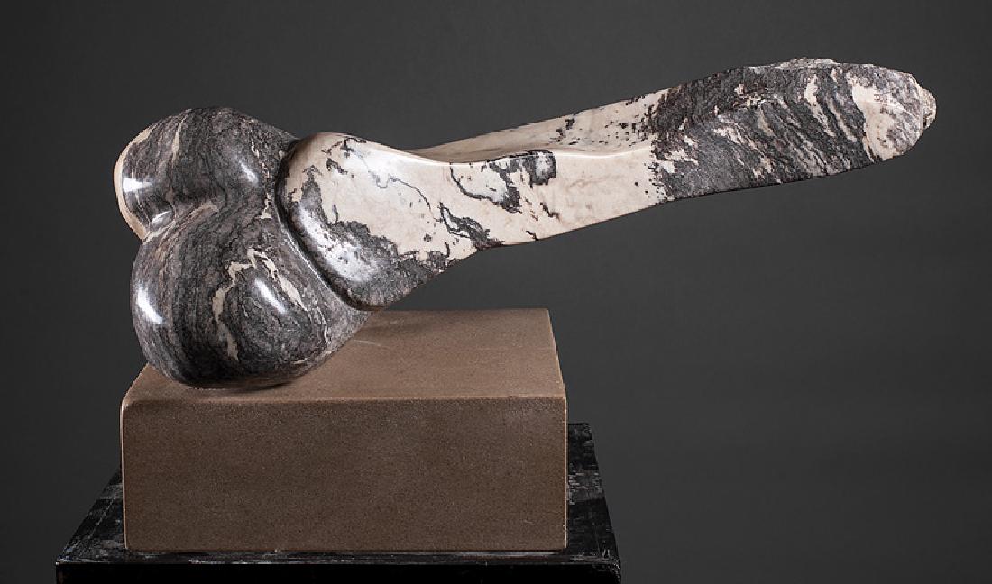Joe Sorci (American/Tennessee, b. 1956): Joe Sorci (American/Tennessee, b. 1956), "Untitled", stone, signed on base, h. 14 in., w. 26 in., d. 17 in., pedestal, overall h. 51 in. Provenance: Collection of Michael Brown and Linda Green, New Or