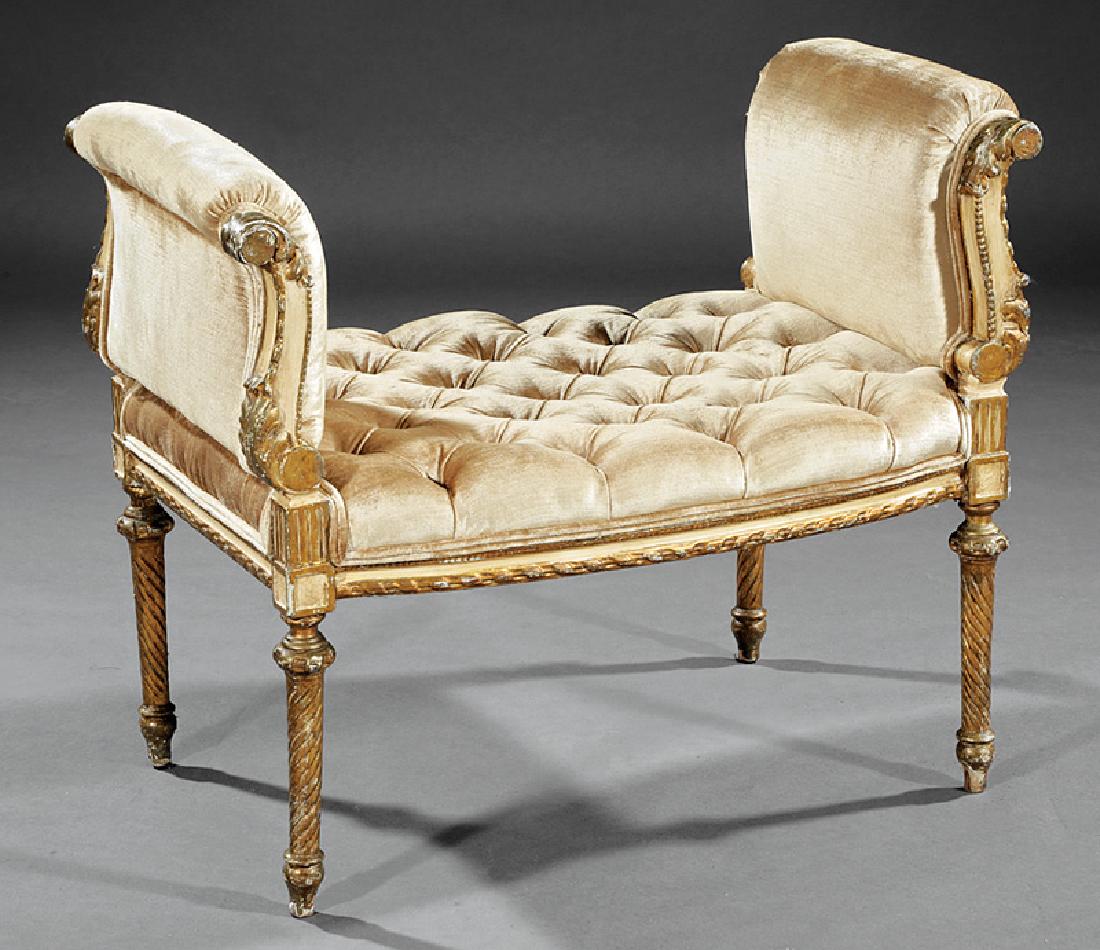Italian Carved Giltwood, Velvet Window Bench: Italian Neoclassical Carved Giltwood and Silk Velvet Tufted Window Bench, 20th c., foliate scroll arms, shaped seat rail, spiral-turned legs, h. 25 in., w. 28 1/4 in., d. 17 in