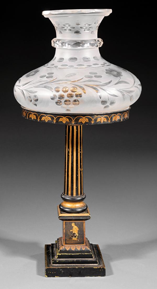English or French Tole Peinte Sinumbra Lamp: English or French Tole Peinte Sinumbra Lamp, c. 1830, black ground with gilt accents, retains antique frosted and cut glass "mushroom" shade, electrified