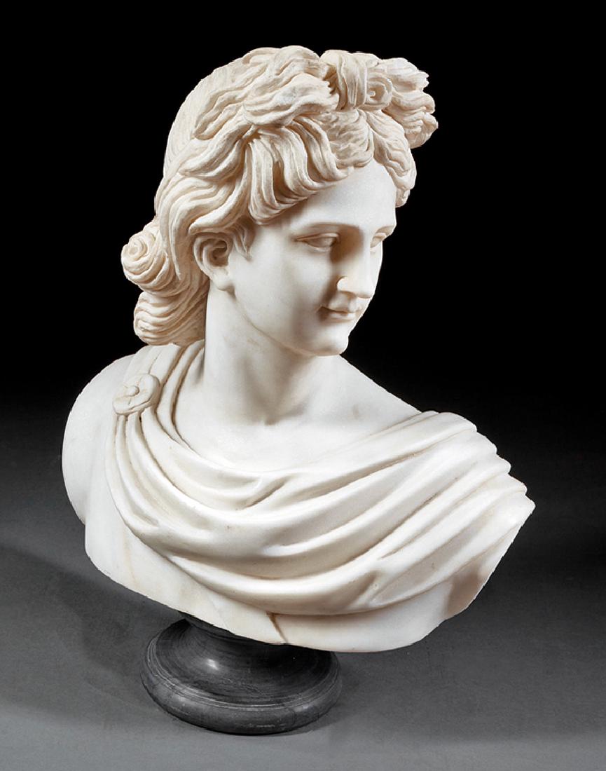 Carrara Marble Bust of "Apollo Belvedere": Carrara Marble Bust of "Apollo Belvedere", after the Antique, h. 19 1/4 in., w. 17 in., d. 10 in., base, overall h. 23 in