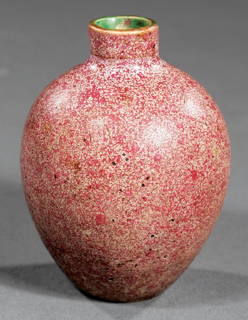 Chinese "Blown Red" Glazed Stoneware Snuff Bottle: Chinese "Blown Red" Glazed Stoneware Snuff Bottle, overall mottled red glaze on buff body, h. 2 3/4 in. Provenance: The Sturm Collection