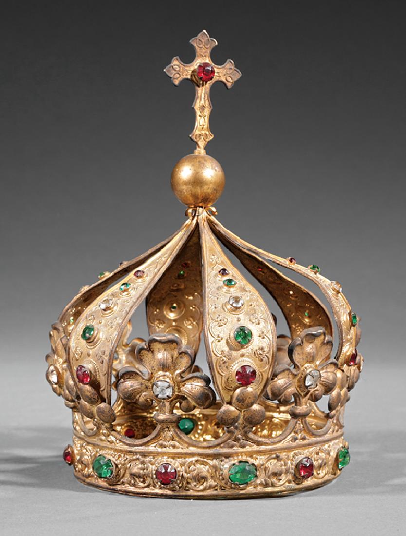 Continental Gilt Metal and Bejeweled Santos Crown: Antique Continental Gilt Metal and Bejeweled Santos Crown, 19th c., h. 8 3/4 in., dia. 6 1/4 in. Provenance: Kevin Stone Antiques, New Orleans, LA; Collection of Henri Schindler