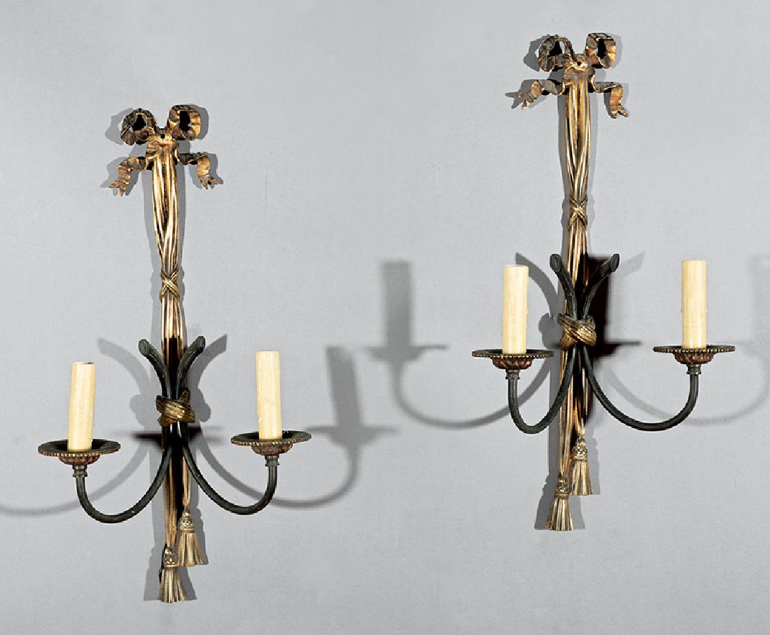 Louis XVI-Style Gilt and Patinated Sconces: Pair of Louis XVI-Style Gilt and Patinated Two-Light Sconces, bowknot backplate with faux bois candle arms, electrified, h. 23 in., w. 11 in., d. 7 in