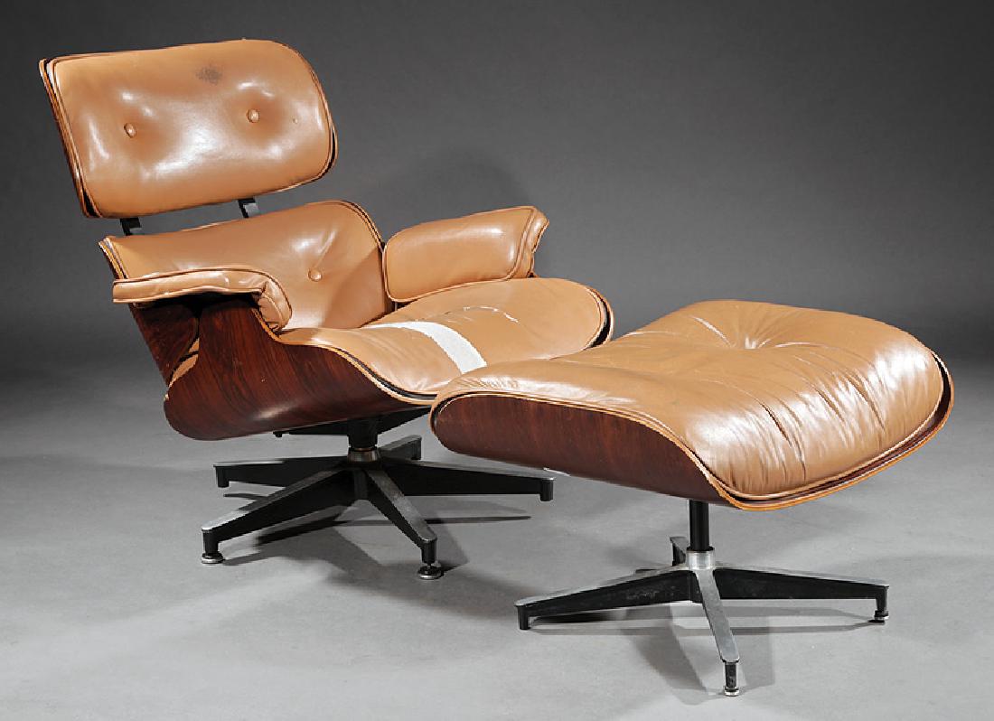 Charles and Ray Eames Rosewood Chair and Ottoman: Charles and Ray Eames Rosewood Lounge Chair and Ottoman, 1976, Herman Miller labels, chair h. 32 in., w. 31 1/2 in., d. 37 in.; ottoman h. 11 in., w. 21 in., d. 25 1/2 in