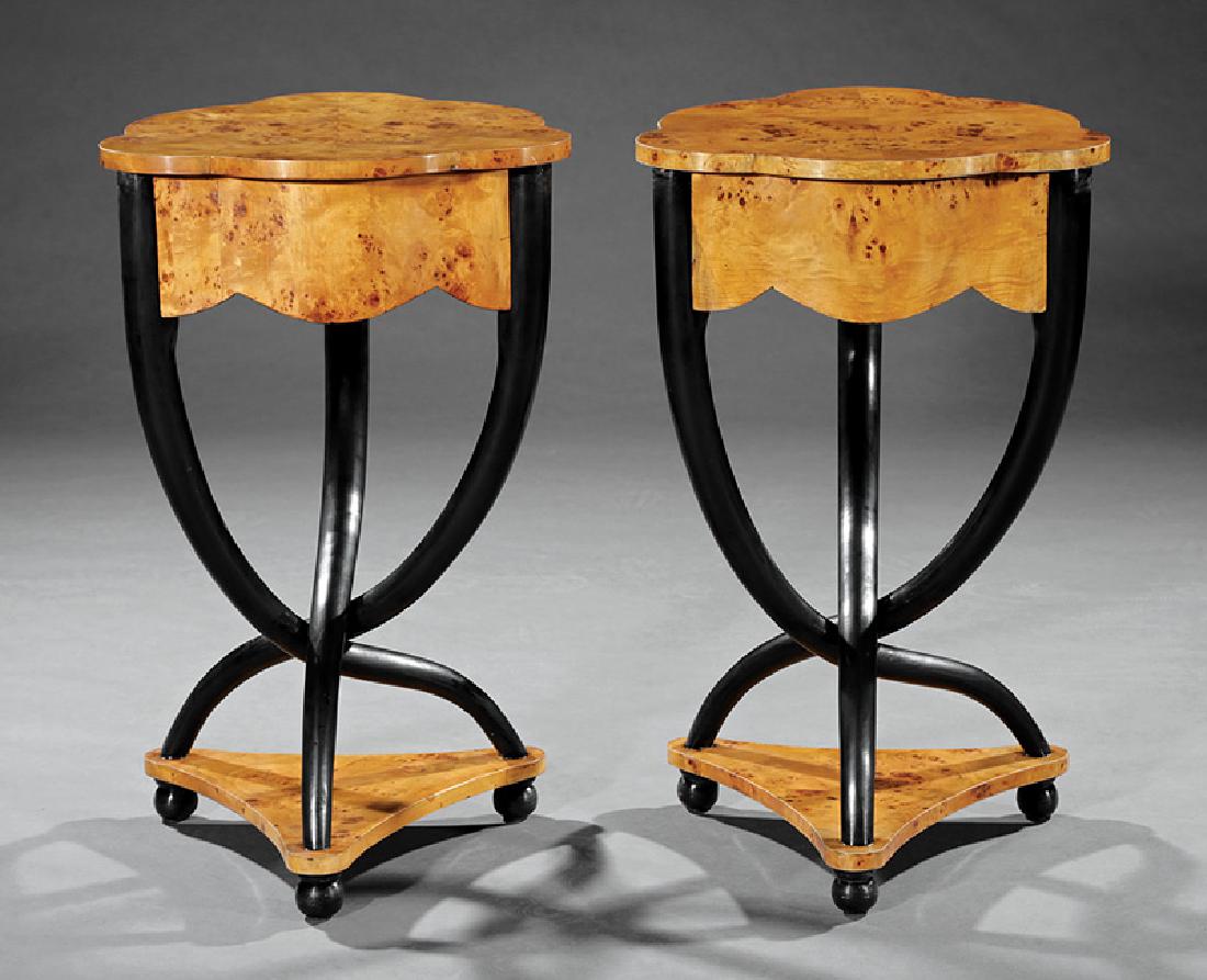 Burled Wood and Ebonized Side Tables: Pair of Biedermeier-Style Burled Wood and Ebonized Side Tables, cloverleaf top, conforming frieze, frieze drawer, intertwined tapered legs, incurvate triangular plinth, ball feet, h. 28 3/4 in., w. 17