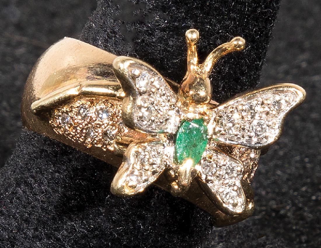 14 kt. Yellow Gold Butterfly Motif Ring: 14 kt. Yellow Gold Butterfly Motif Ring, set with emerald and 28 small single cut diamonds