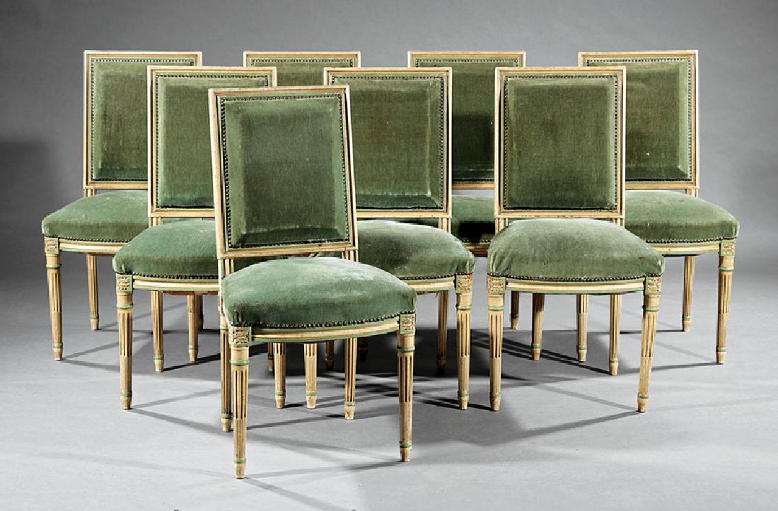 Eight Louis XVI-Style Crème Peinte Chaises: Set of Eight Antique Louis XVI-Style Crème Peinte Chaises, each with square padded back and seat, seat rail with rosette blocks, fluted tapered legs, turned feet, h. 37 in., w. 20 in., d. 19 in. Prov
