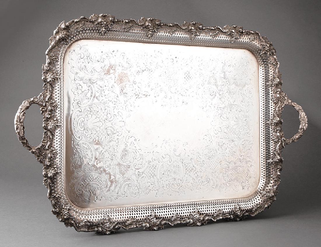 Ellis-Barker Silverplate Tea Tray: Good English Silverplate Tea Tray, Ellis-Barker, Birmingham, 20th c., menorah mark, vintage motif border and handles, reticulated cavetto, 29 in. x 18 1/8 in