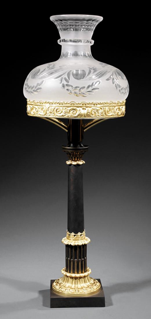 Gilt and Patinated Bronze Sinumbra Lamp: Antique Gilt and Patinated Bronze Sinumbra Lamp, c. 1850, fluted column with foliage, square base, frosted and cut mushroom shade, h. 22 1/2 in. Provenance: The Service Collection, Estate of Grant A.