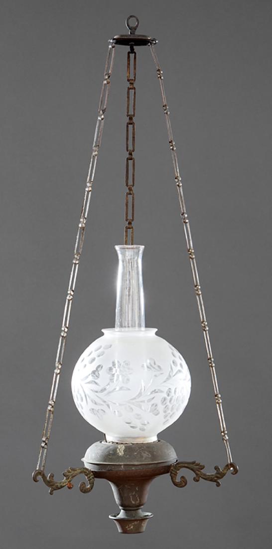 Hanging Solar Lamp, attr. Hooper and Company: American Hanging Solar Lamp, c. 1850, attr. to Hooper and Company, font with foliate mounts and globe shade, h. 29 in. Provenance: The Service Collection, Estate of Grant A. Oakes, Warren, OH