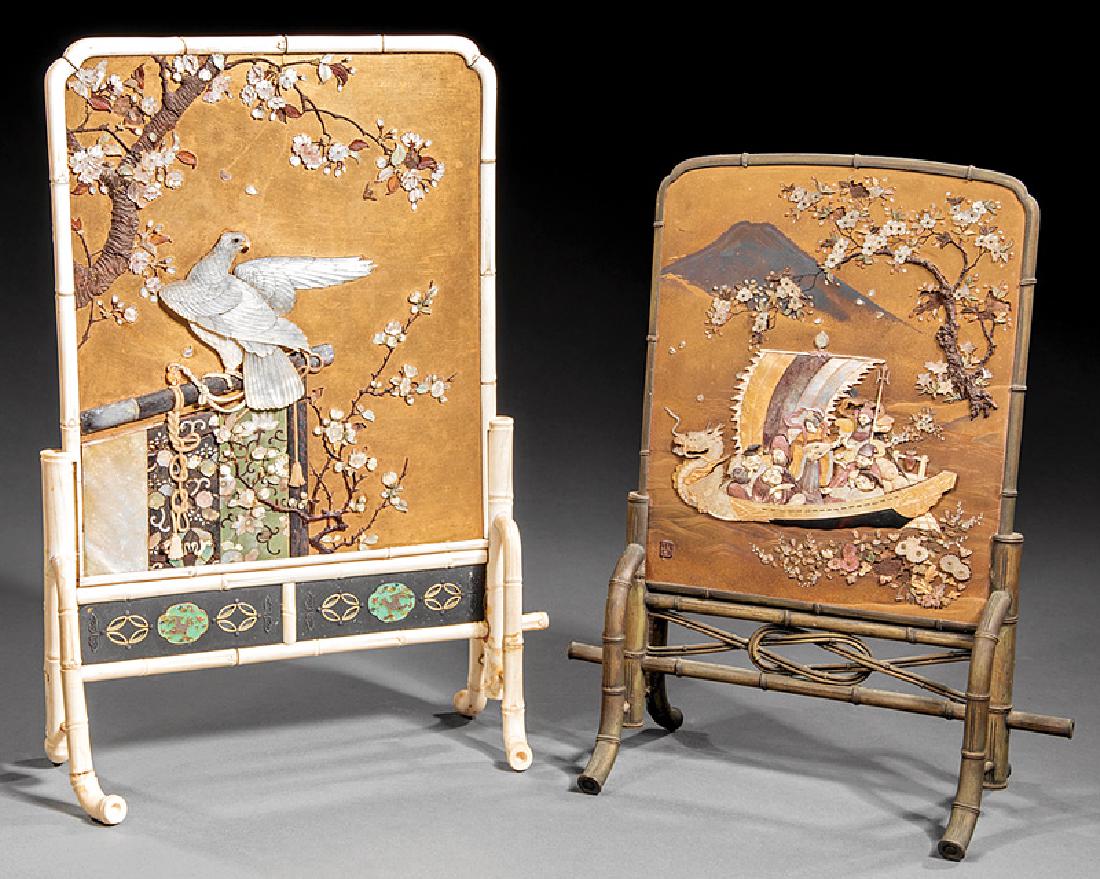 Two Japanese Shibayama Table Screens: Two Japanese Shibayama Table Screens, Meiji Period (1868-1912), each embellished with mother-of-pearl and faux ivory, smaller with Seven Lucky Gods, signed, reverse with maki-e foliage, h. 9 1/2 in., 