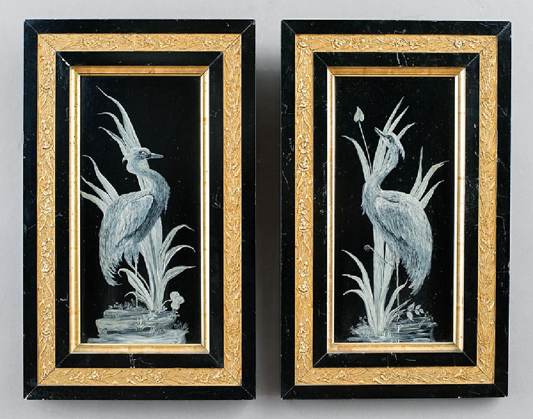 Aesthetic Painted Wood Plaques of Shore Birds: Pair of Aesthetic Painted Wood Plaques depicting Shore Birds, c. 1895, in ebonized and parcel gilt frames, frames 20 1/2 in. x 12 1/2 in. Provenance: Collection of Henri Schindler