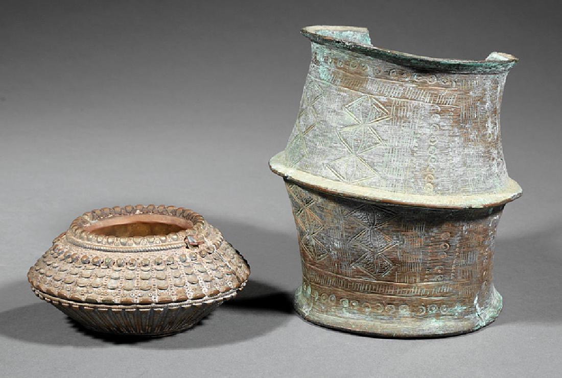 Two African Bronze Currency Objects: Two African Bronze Currency Objects, incl. anklet, possibly Wodaabe, Togo, h. 6 in.; and bracelet, now modified as a bowl, h. 2 1/4 in., dia. 4 3/4 in. Provenance: The Sturm Collection