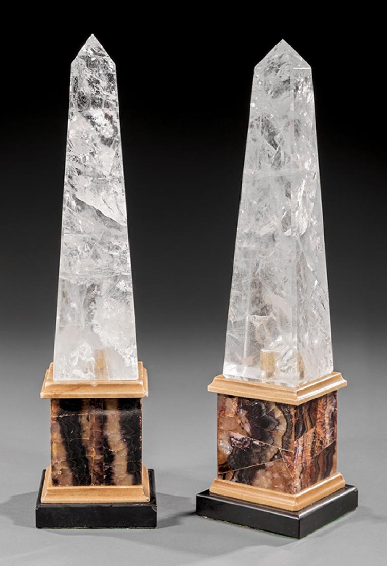 Pair of Blue John and Rock Crystal Obelisks: Pair of Blue John and Rock Crystal Obelisks, of typical form, tall plinth base, h. 15 in., w. 3 3/4 in., d. 3 3/4 in