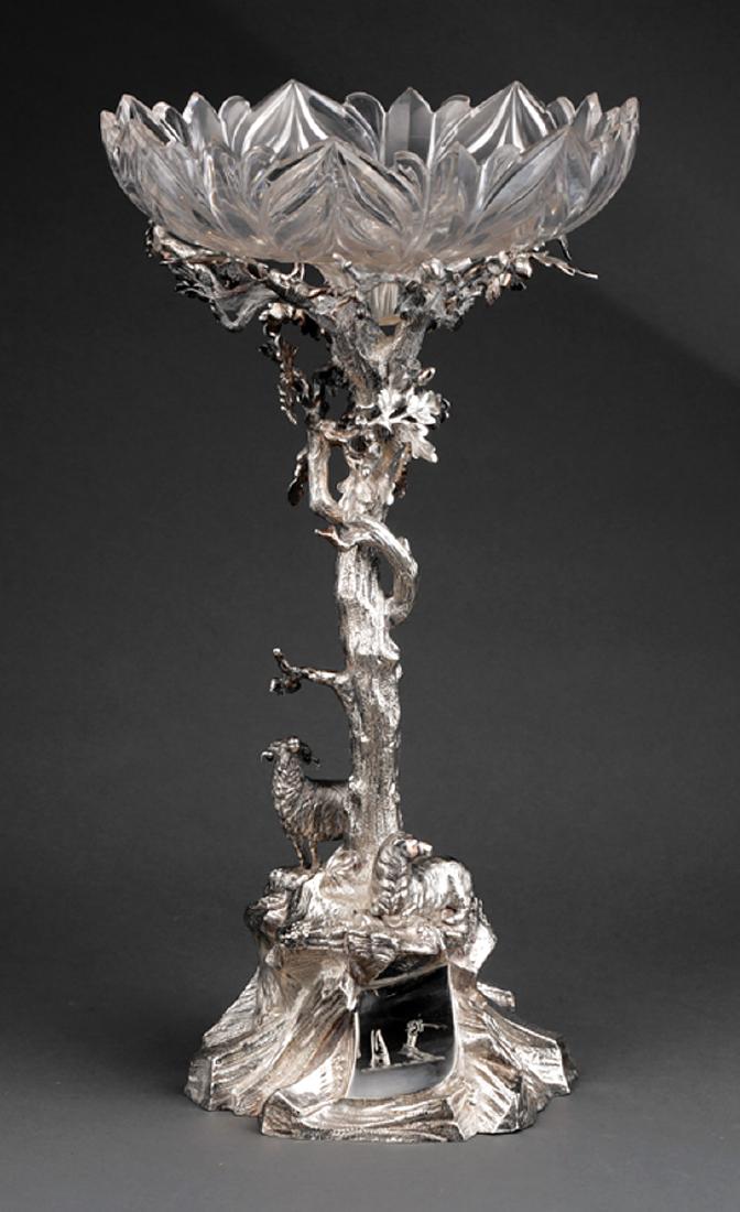 Elkington & Co. Silverplate Figural Centerpiece: Elkington & Co. Silverplate Figural Centerpiece, date mark for 1860, oak tree, leaf and acorn standard mounted with sheep on rockwork base with engraved armorial, foliate molded crystal centerbowl, ov