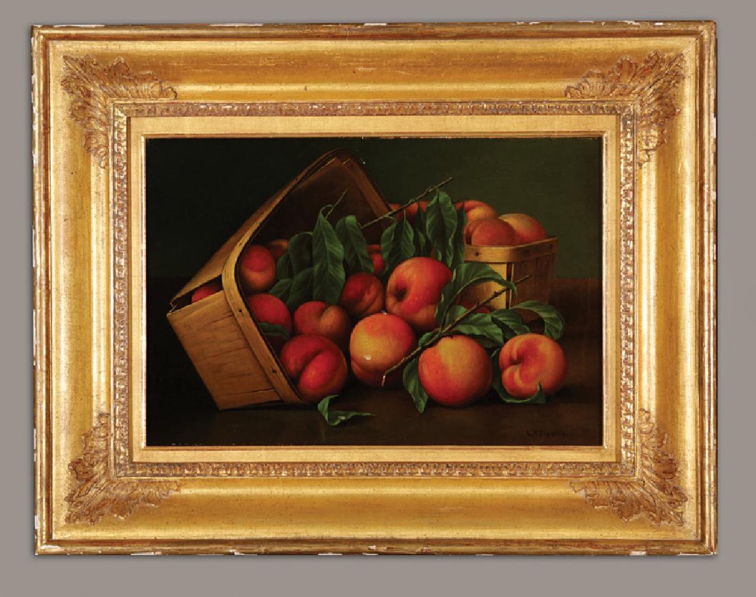 Levi Wells Prentice (American/New York, 1851): Levi Wells Prentice (American/New York, 1851-1935), "Still Life of Two Baskets of Peaches", oil on canvas, signed lower right, 11 in. x 16 in., framed. Provenance: Taylor Clark, Fine Prints, Paintings